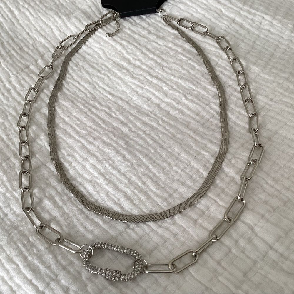 NWT nOir layered necklace Silvertone, cubic zirconia paperclip